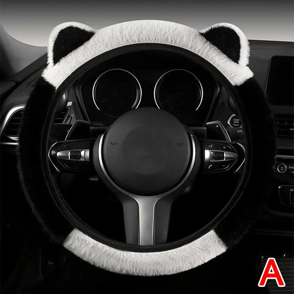 Plush Steering Wheel Cover with Cat Ears - Warm Non-Slip Winter Grip