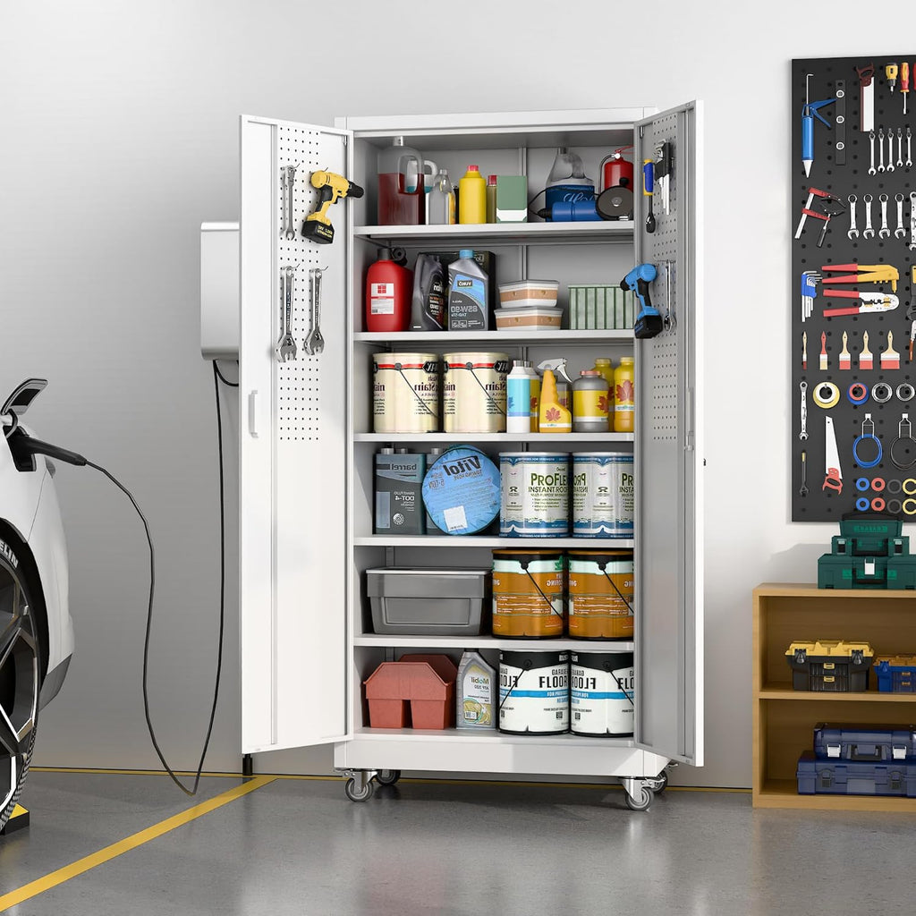Garage Storage Cabinet Locking Metal with Wheels, Pegboard Doors – image 6