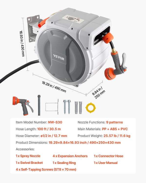 Garden Hose Reel, Retractable 100 Ft with 9-Pattern Nozzle