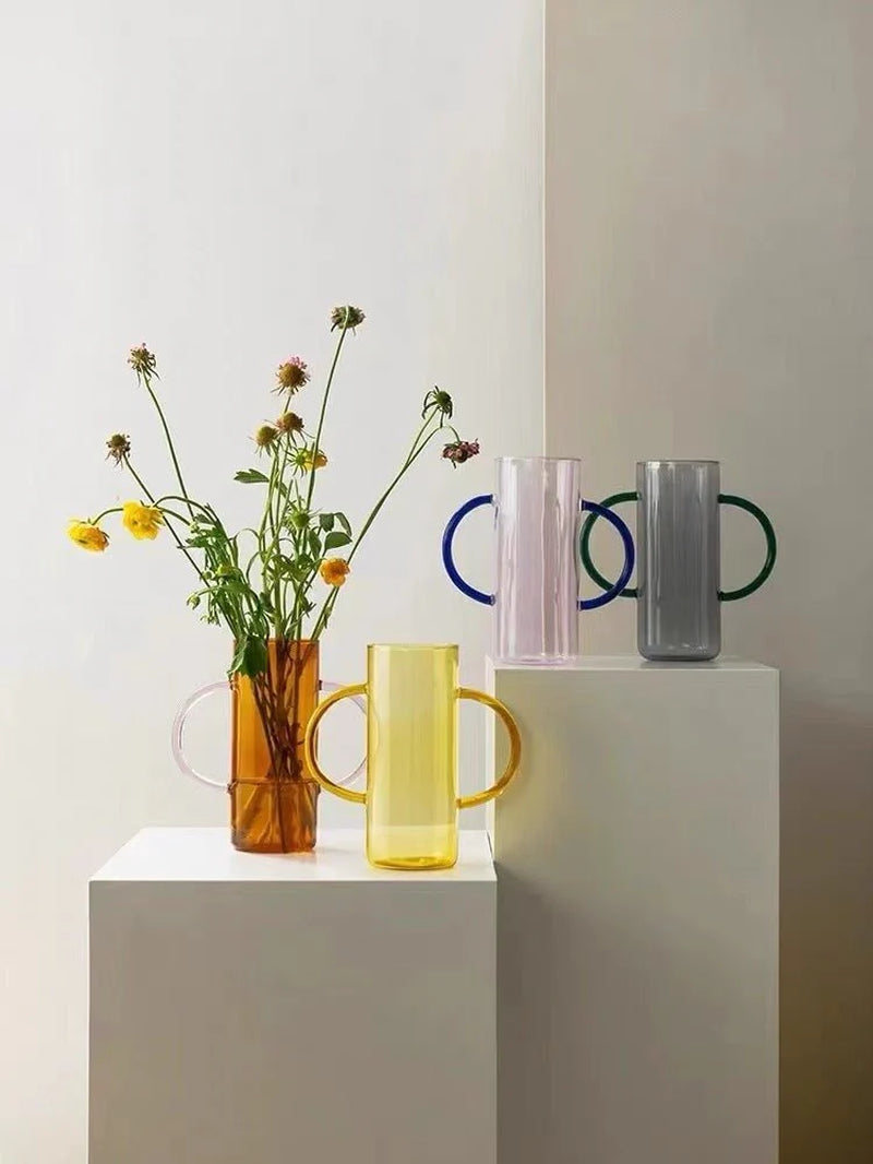 Dual Handle Colored Glass Flower Vase – image 4