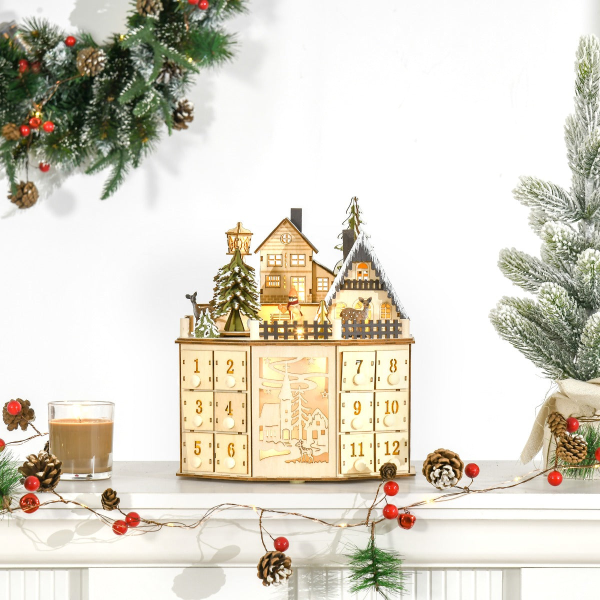 Light-Up Christmas Advent Calendar, Wooden Village with Drawers – image 2