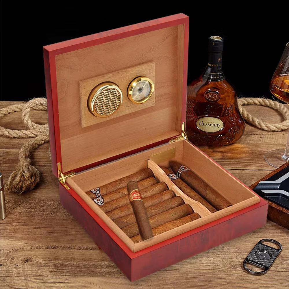 Cedar Lined Cigar Humidor Box with Hygrometer, Holds 20 Cigars