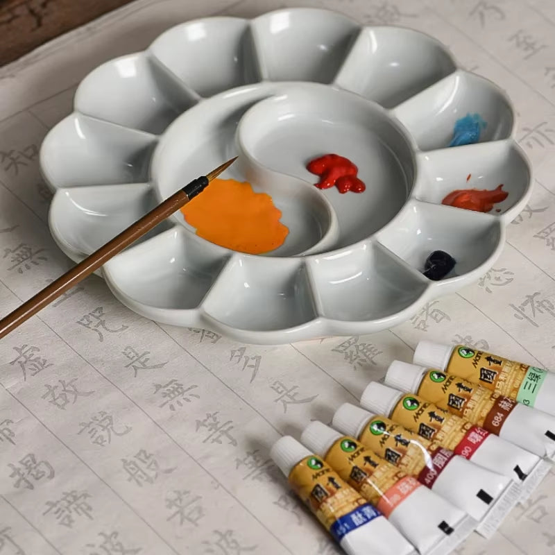 Handmade Celadon Ceramic Watercolor Palette, Plum Blossom Shape – image 3