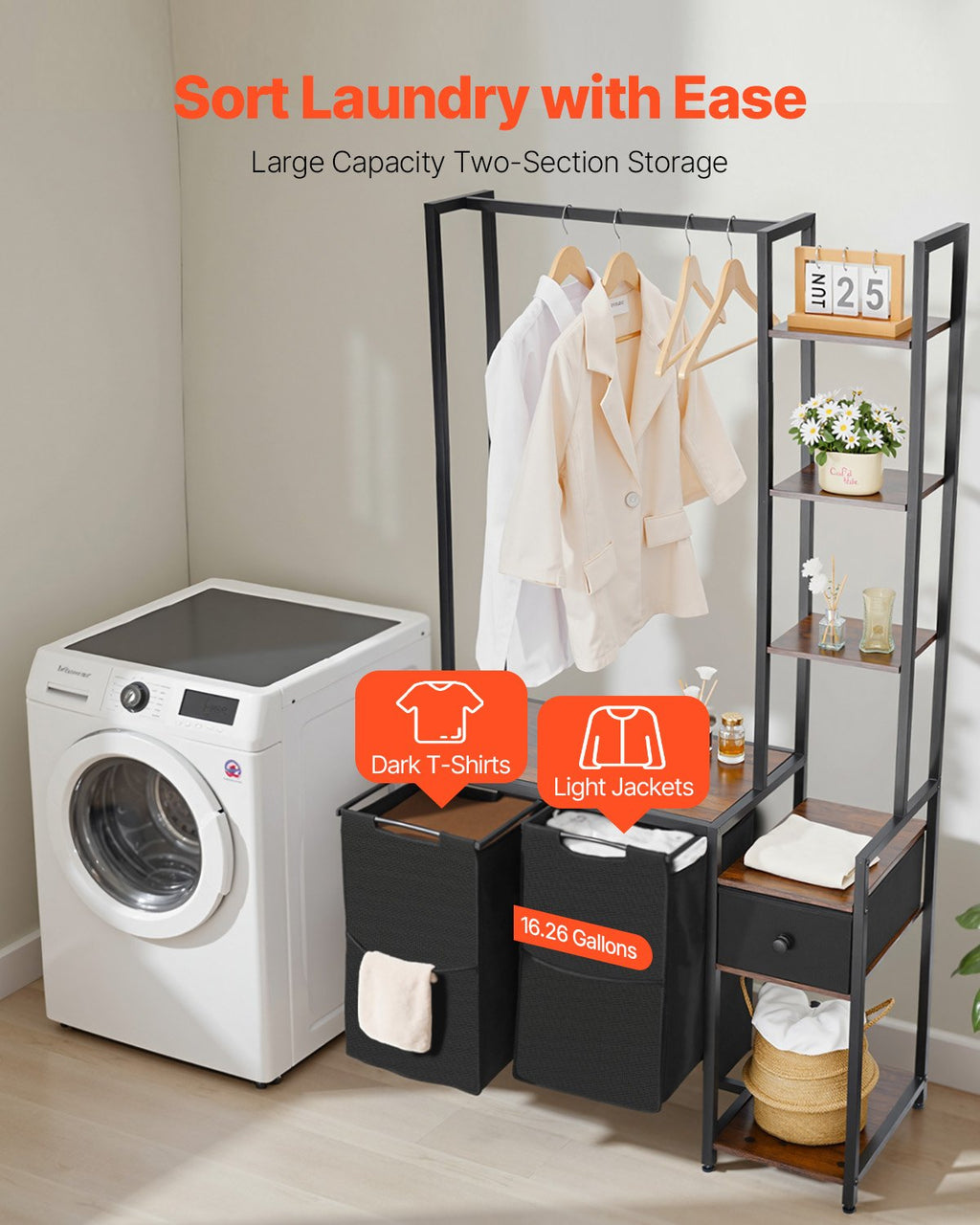 2-Section Laundry Sorter with Shelves and Pull-Out Bags – image 3