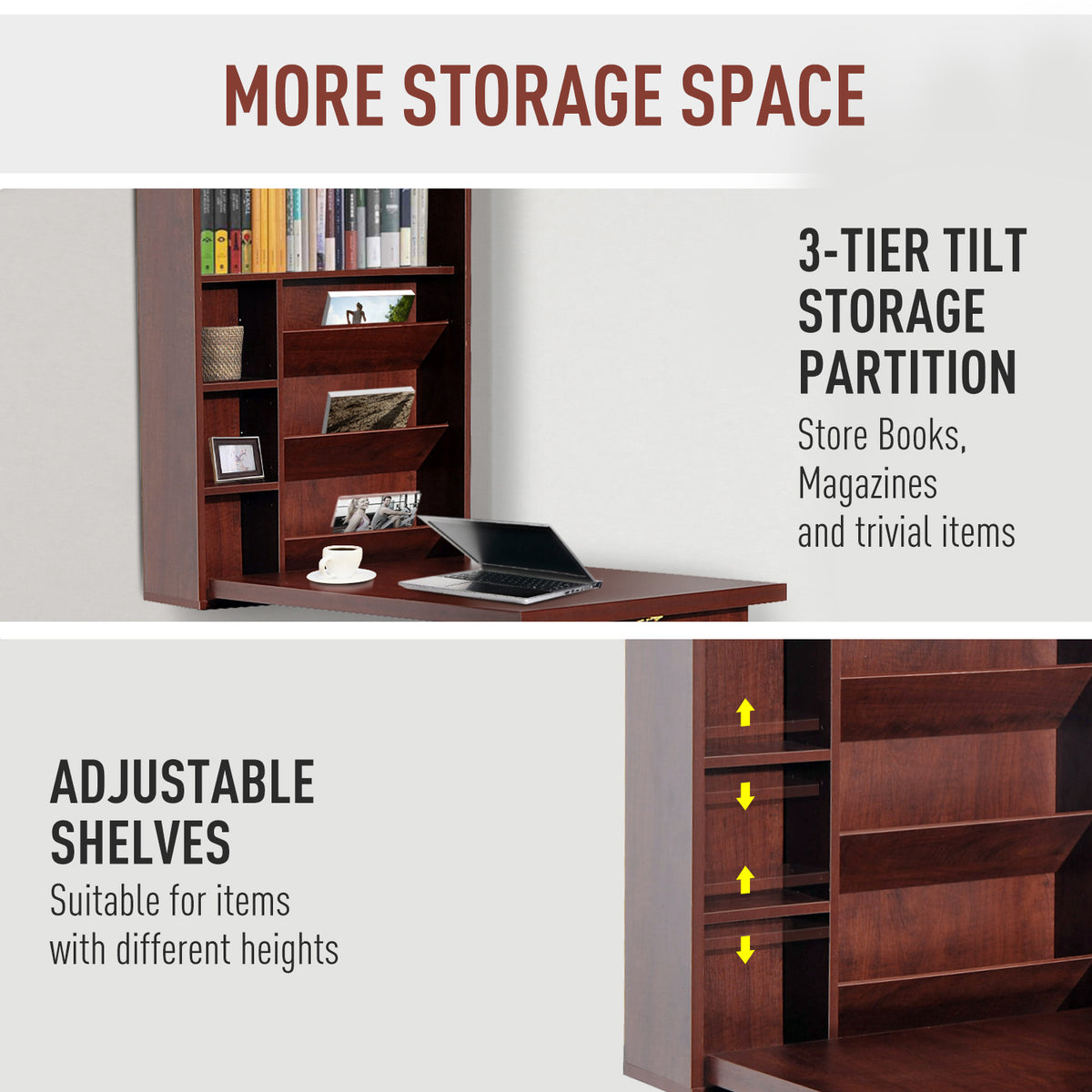Fold-Out Wall Mounted Desk with Adjustable Shelves, Mahogany – image 4