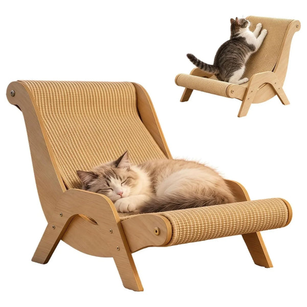 Cat Scratch Lounger Chair Bed with Sisal Scratching Board, Wood