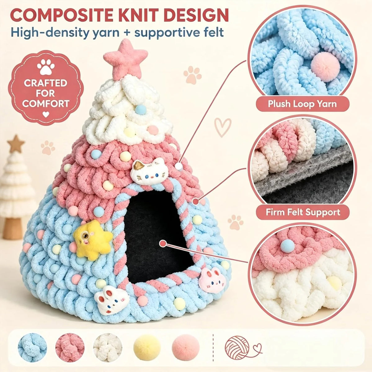 Cat Bed Cave, Christmas Tree Shape with Felt and Gauze, Pink – image 6