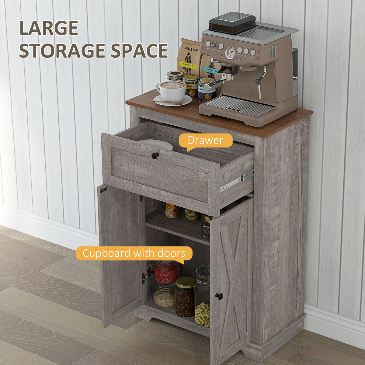 Sideboard Storage Cabinet, Farmhouse Style with Drawer and Doors, Gray – image 4