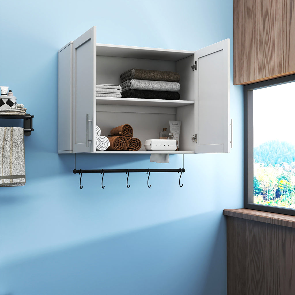 Bathroom Wall Cabinet with Towel Bar, Adjustable Shelf and 5 Hooks – image 1