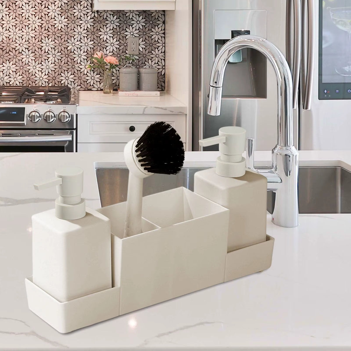 Kitchen Soap Dispenser Set, 2 Pump Bottles with Sink Tray and Brush