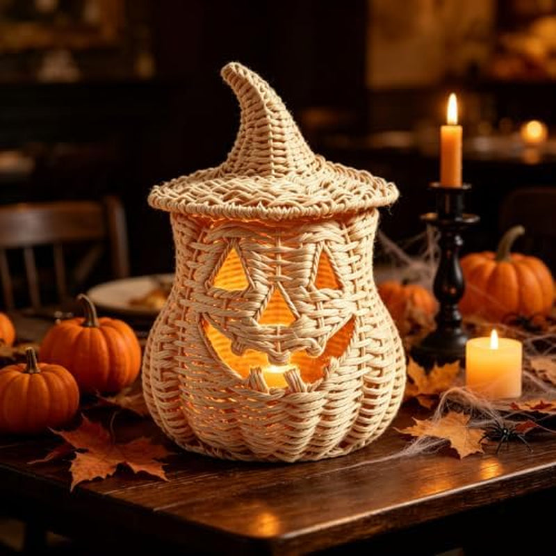 Wicker Pumpkin Lantern 11 in, Handwoven Rattan Halloween Decor – image 7