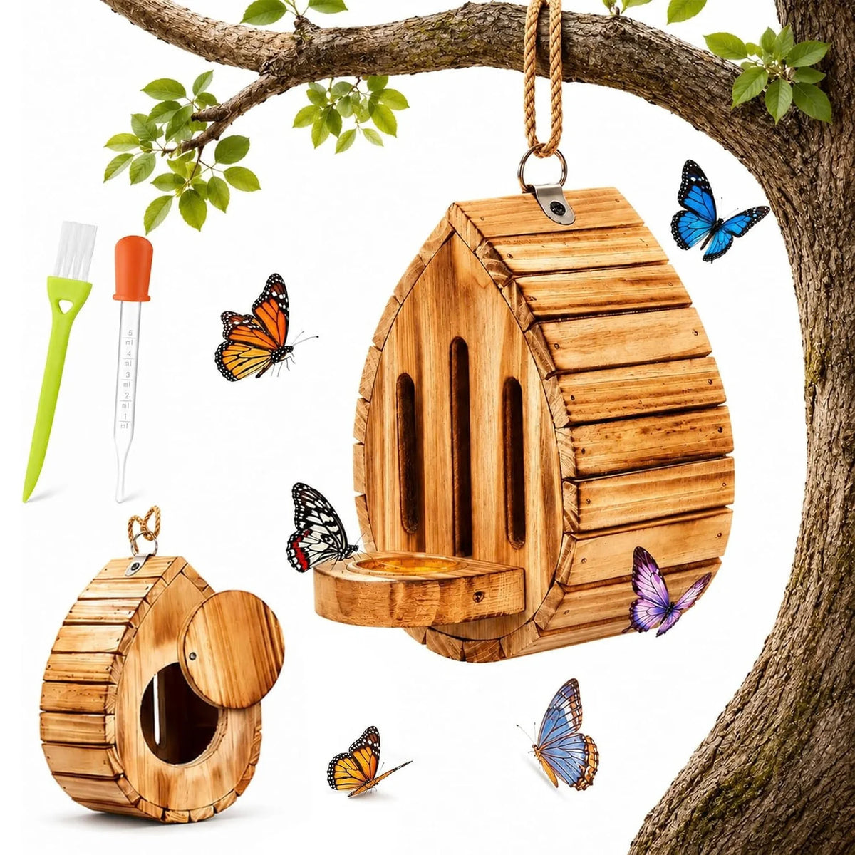 Butterfly House - Hanging Wooden Butterfly Shelter with Feeder