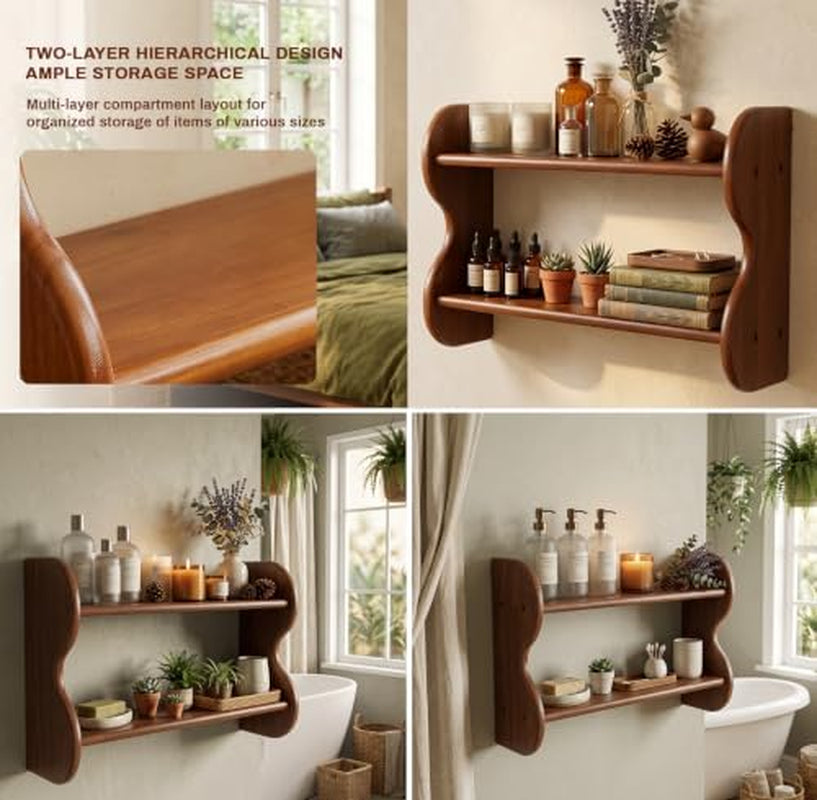 Wall Shelf 2-Tier Solid Wood Rustic Floating Display Rack – image 4