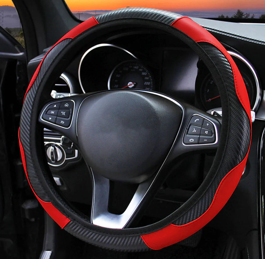 Steering Wheel Cover, Red & Black Carbon Fiber PU Leather, 15 in – image 6