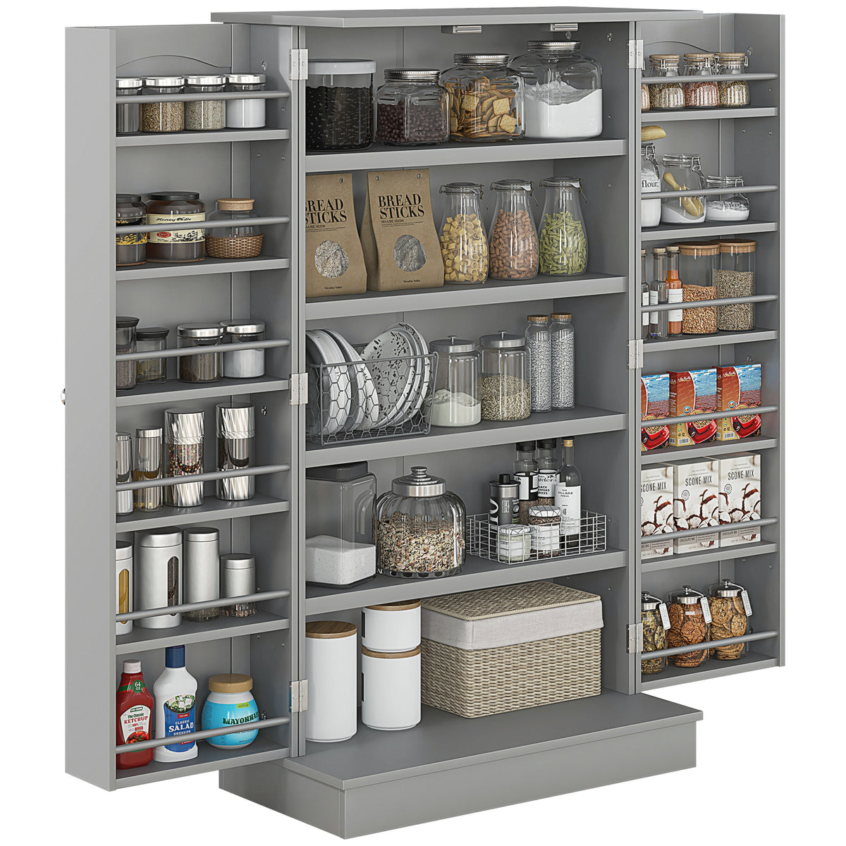 Kitchen Pantry Cabinet with 12 Door Spice Racks, 5-Tier, Gray