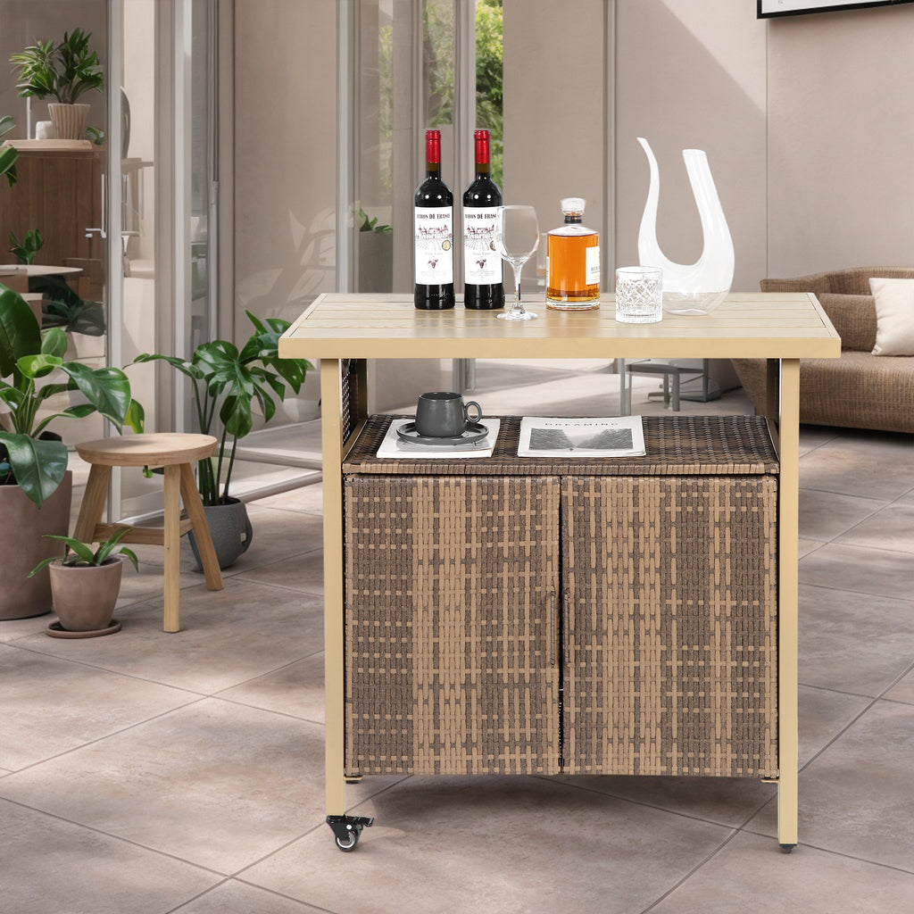 Outdoor Wicker Bar Cart with Wheels and Storage – Beige – image 2