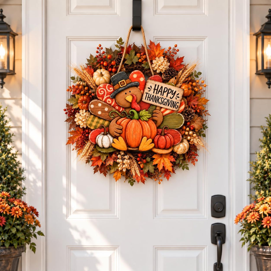 Happy Thanksgiving Door Sign, Wooden Turkey and Pumpkin Decor – image 3