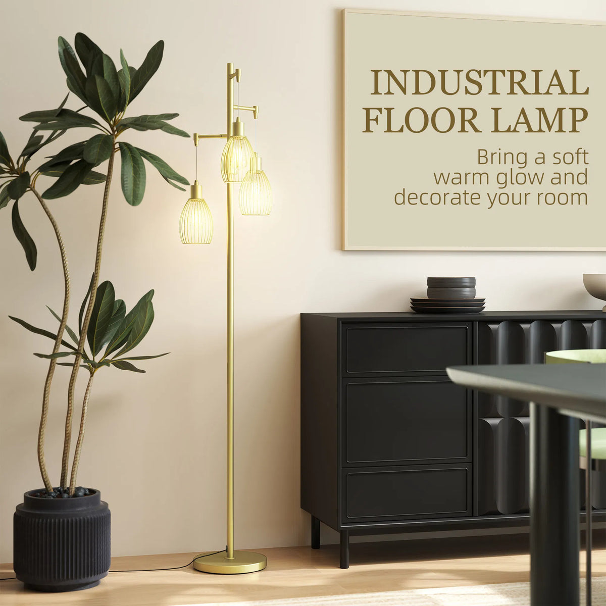 Industrial Floor Lamp with 3 Hanging Cage Shades, Dimmable, Gold – image 5