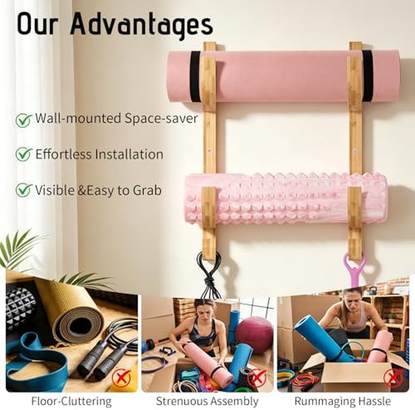 Yoga Mat Holder, Wooden Wall Rack with 4 Hooks – image 7