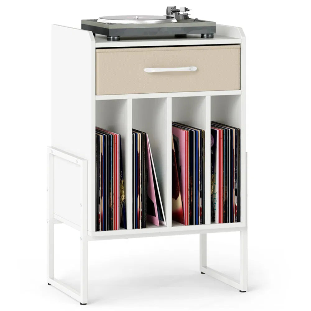 Record Player Stand with Vinyl Storage and Fabric Drawer – White