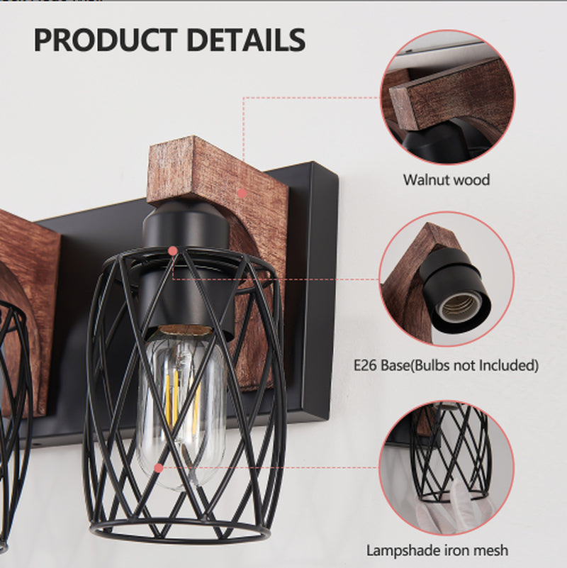 Industrial 3-Light Cage Wall Sconce with Wood Accents 18 Inch