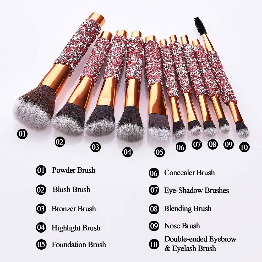 Makeup Brush Set 10-Piece with Rhinestone Handles and Storage Bag – image 8