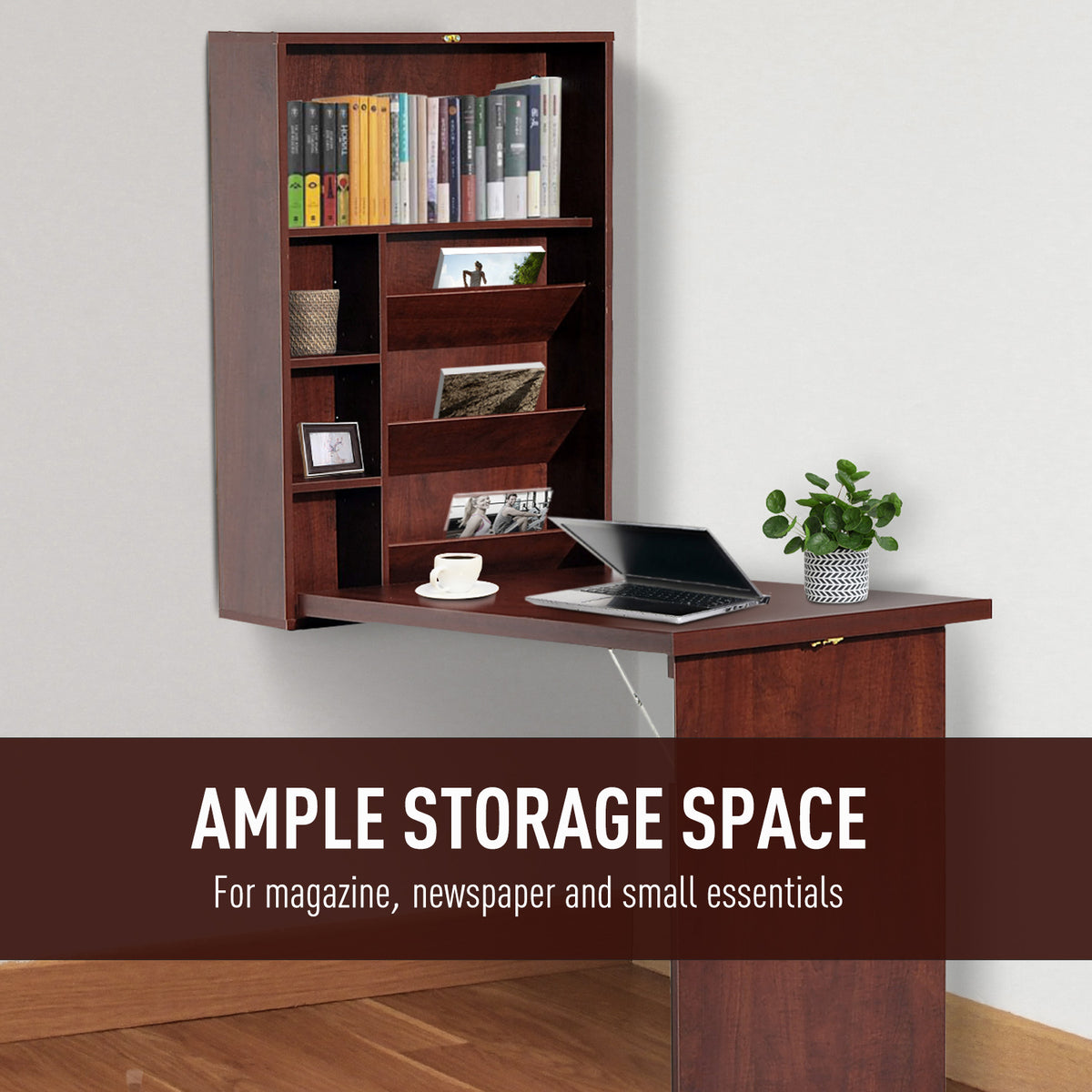 Fold-Out Wall Mounted Desk with Adjustable Shelves, Mahogany – image 5