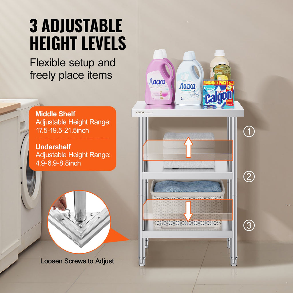Stainless Steel Prep Table 14 x 24 in with 2 Adjustable Undershelves – image 6