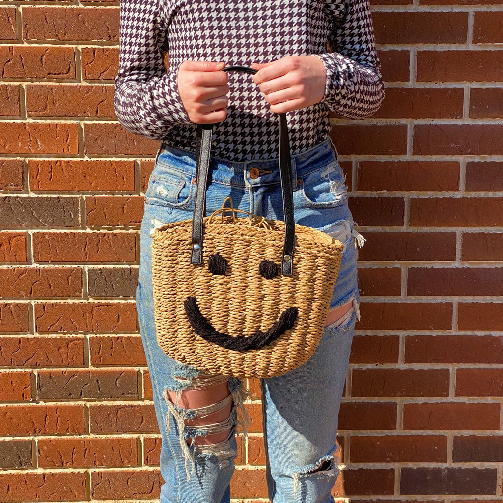Smiley Face Woven Bucket Bag – Drawstring Shoulder Bag – image 2
