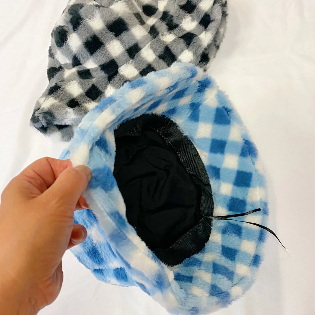 Fuzzy Bucket Hat - Checkered Faux Fur Winter Bucket Hat – image 7