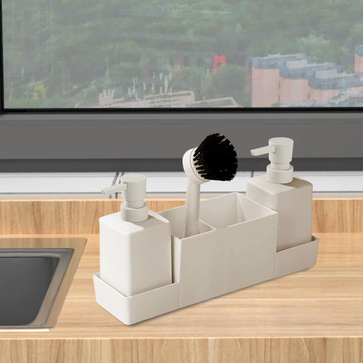 Kitchen Soap Dispenser Set, 2 Pump Bottles with Sink Tray and Brush – image 4