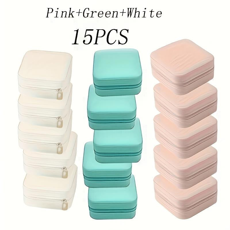 Mini Travel Jewelry Box Set of 15, PU Leather, Pink Green White – image 13