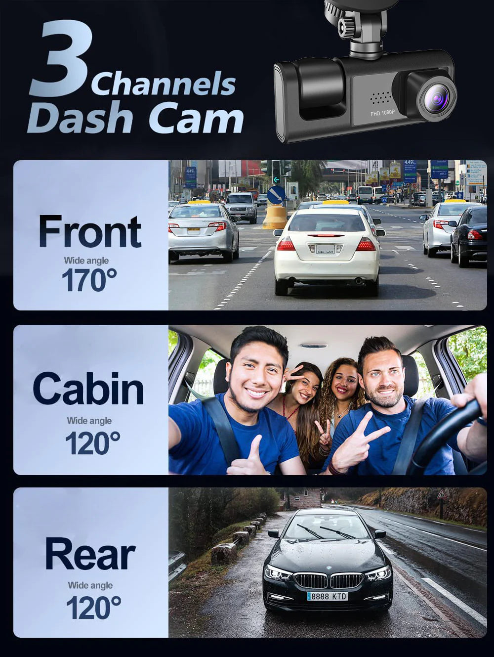 Dual-Lens Car Dash Cam 1080P, Front and Inside, G-Sensor