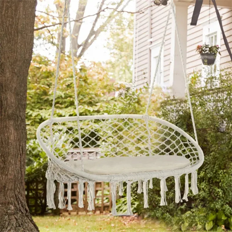 Two-Seat Macrame Hanging Hammock Chair With Cushion – image 3