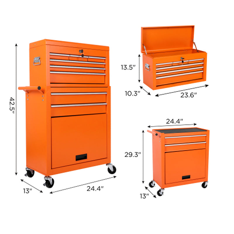 Tool Chest, 8-Drawer Rolling Tool Storage Cabinet with 2 in 1 Detachable Top Tool Box, Liner, Lockable Wheels, Side Hooks, Metal Tool Cart for Garage