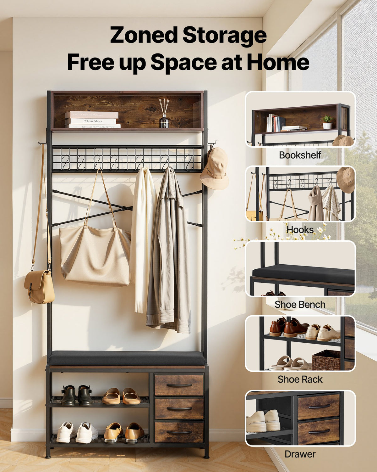 Hall Tree with Shoe Bench and 3 Drawers, 71 in Entryway Coat Rack – image 2