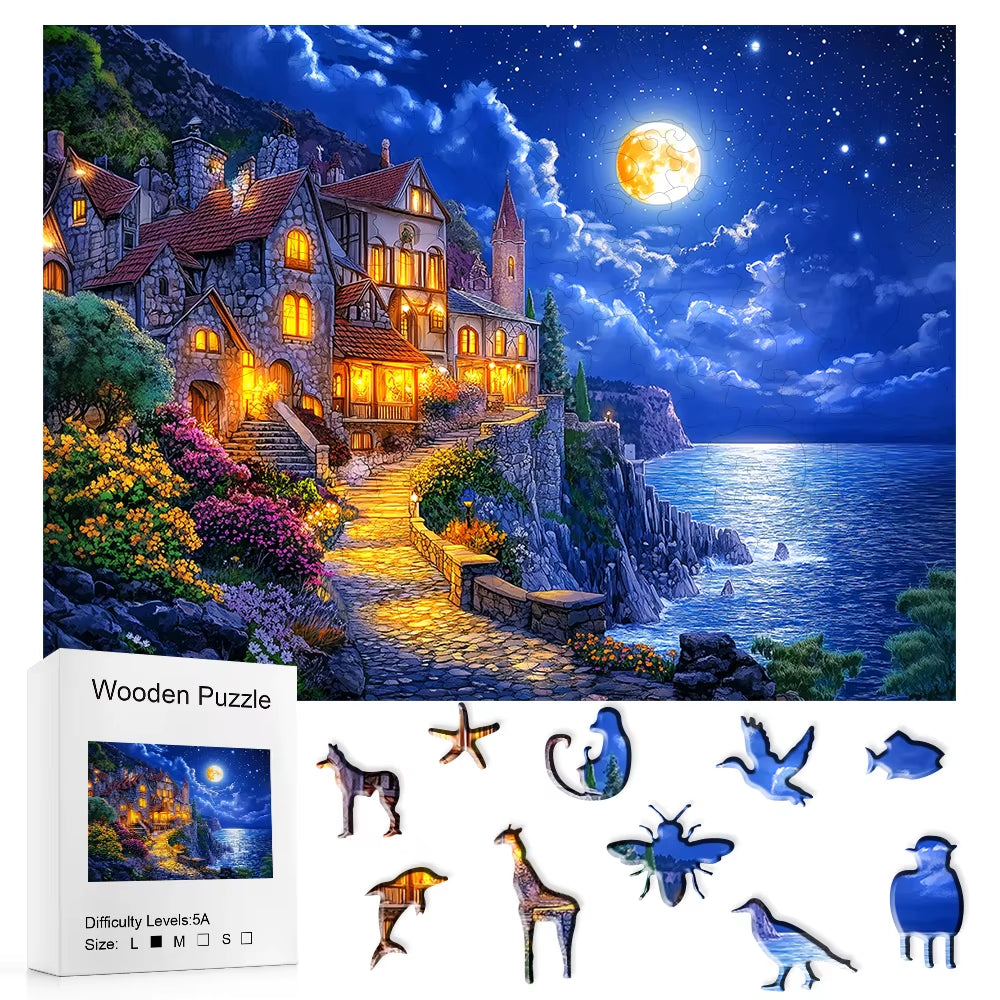 Wooden Jigsaw Puzzle, Moonlit Coastal Castle