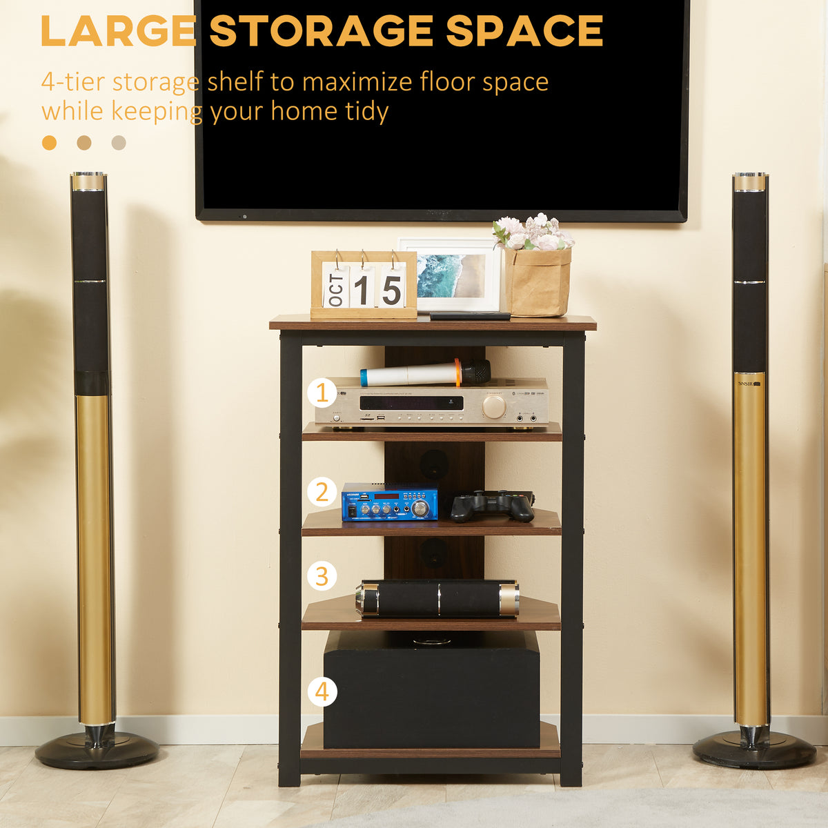 4-Tier Corner AV Media Rack with Cable Management, Chestnut Brown – image 5