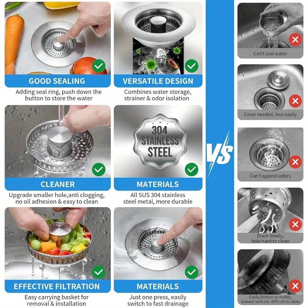 3-in-1 Stainless Steel Sink Strainer – Pop-Up Drain Stopper – image 4