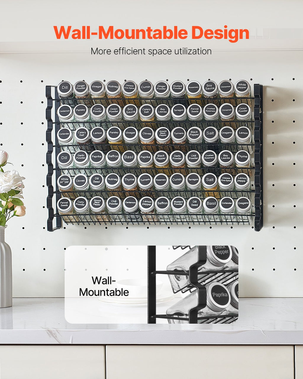 Wall Mounted Spice Rack Organizer Set, 4 Pack with Glass Jars, Black