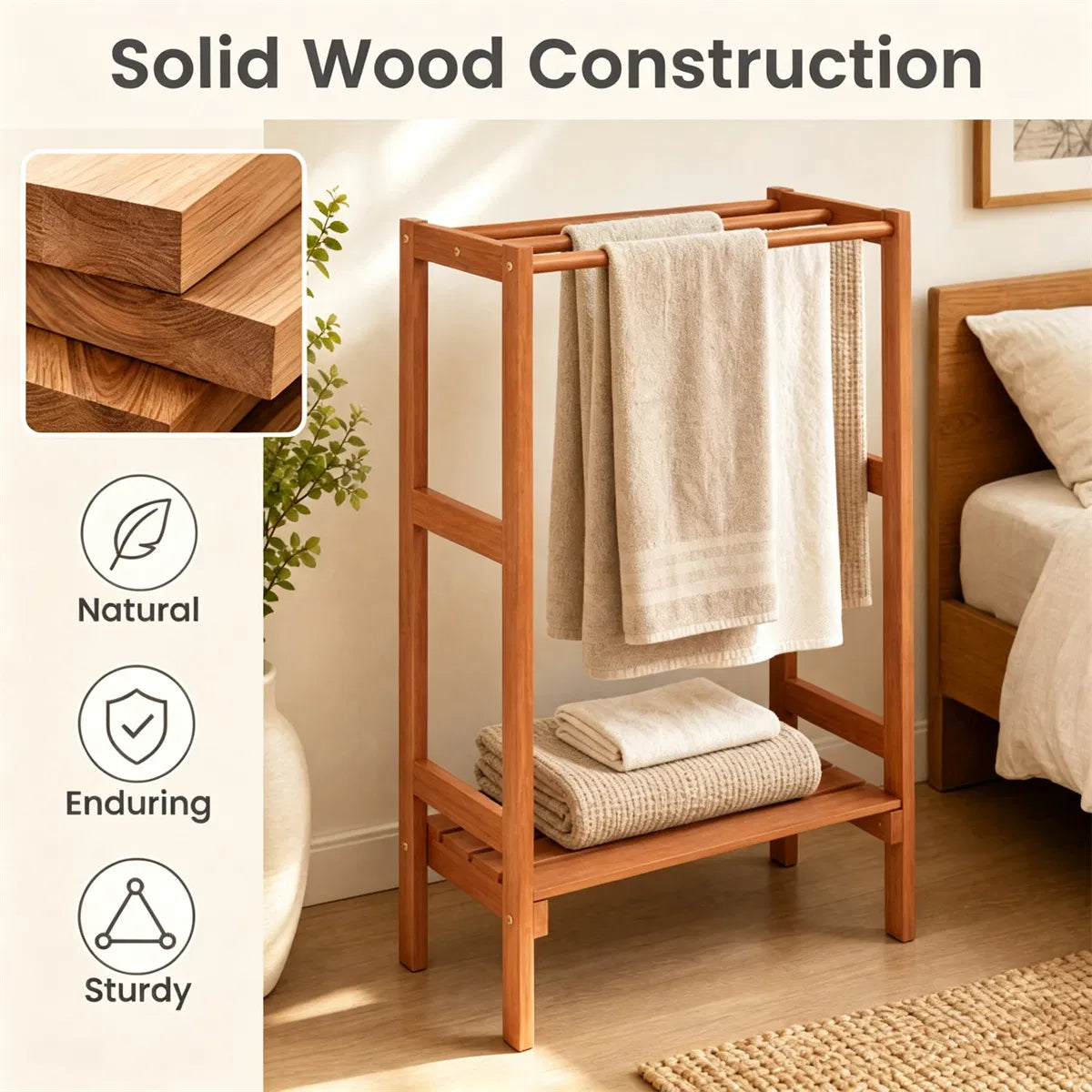 Blanket Stand Hardwood Freestanding with 3 Bars & Bottom Shelf – image 9