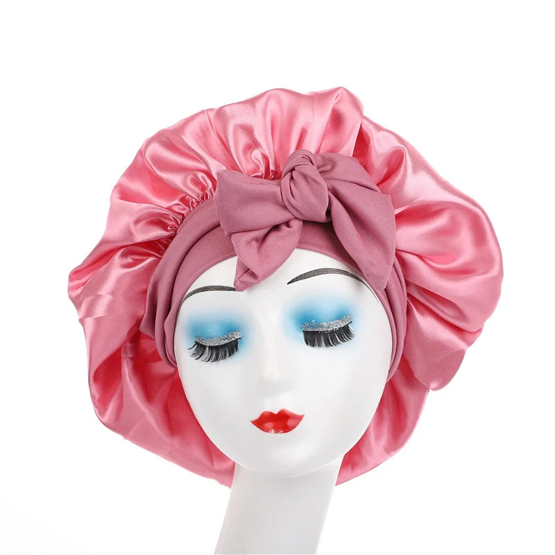 Satin Hair Bonnet with Bow Tie Wide Elastic Band Sleep Cap – image 8