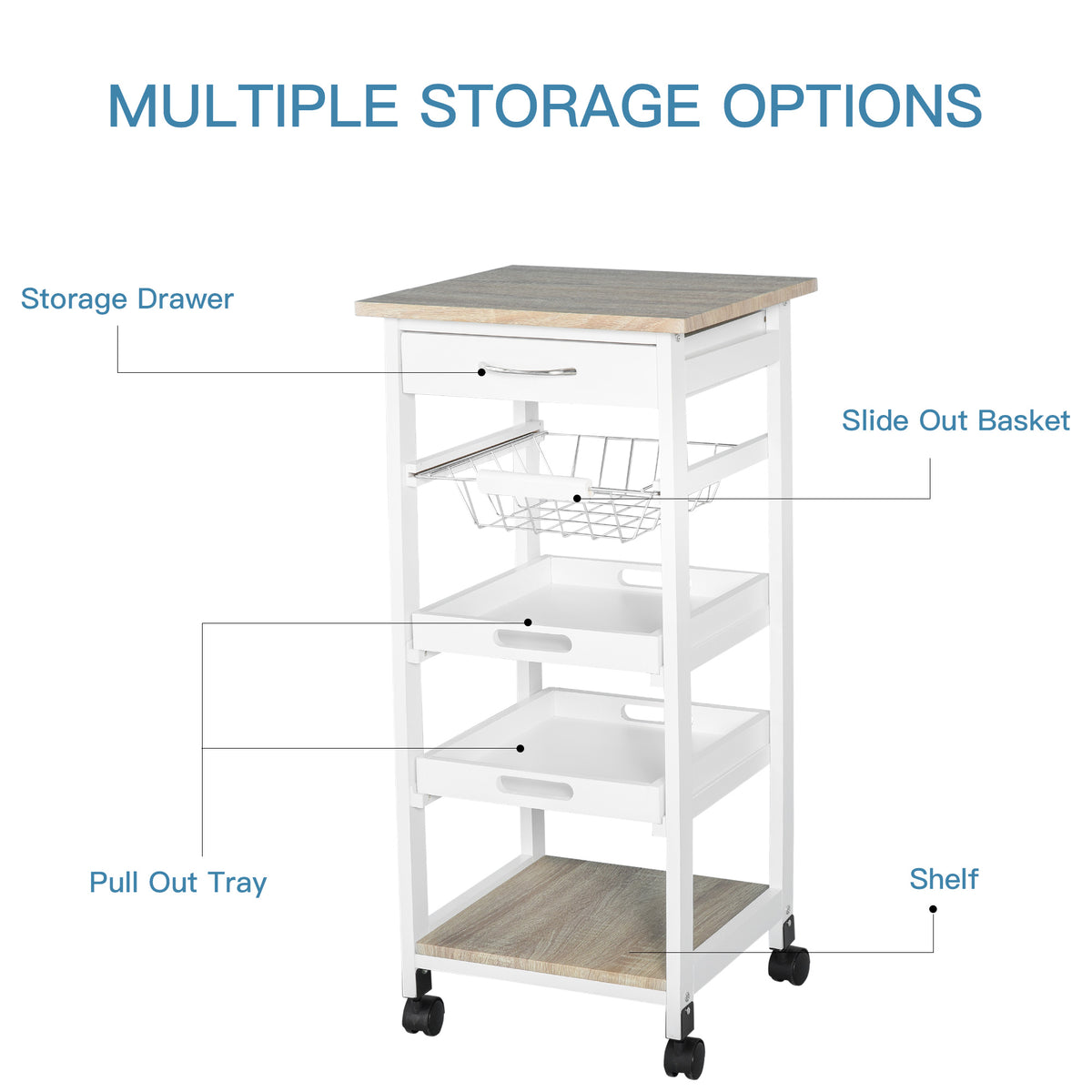 Rolling Kitchen Cart with Drawer, Wire Basket and Trays, White – image 7