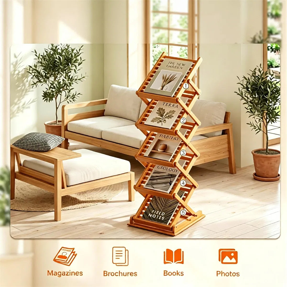 Foldable Bamboo Magazine Rack, 5-Pocket Brochure Display Stand, Walnut – image 7
