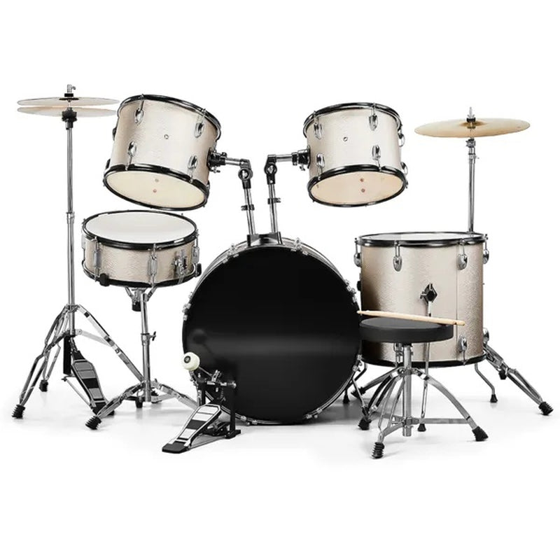 Full Size 5-Piece Adult Drum Set with Cymbals, Throne and Pedal, Silver