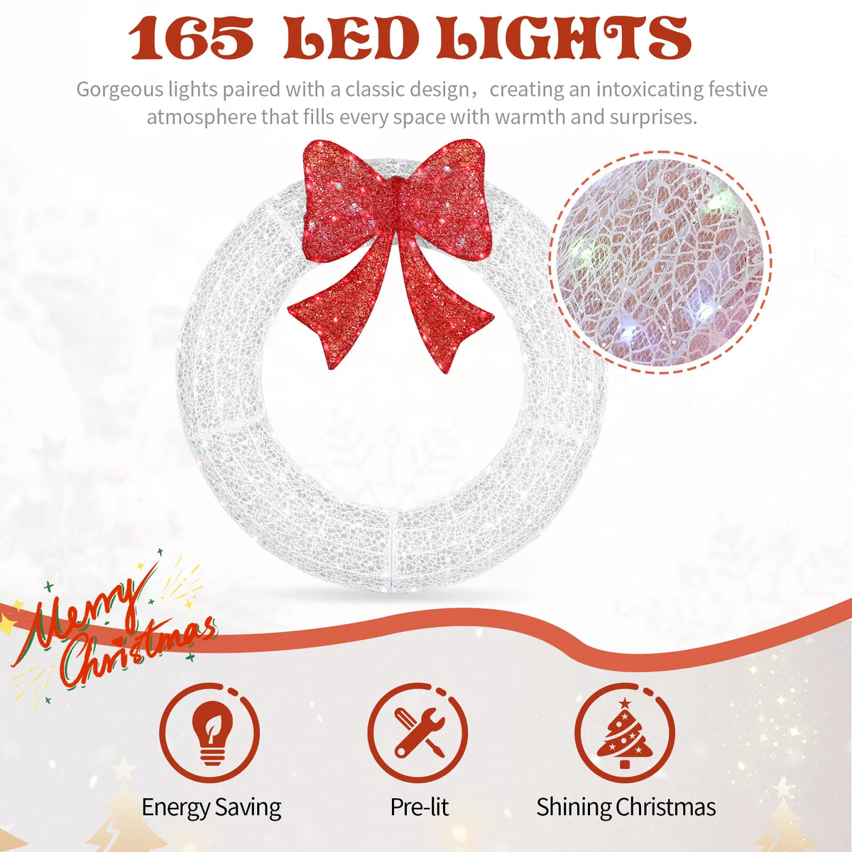 Outdoor Lighted Metal Wreath 36 in with Red Bow, RGB LEDs, Remote & Timer – image 4