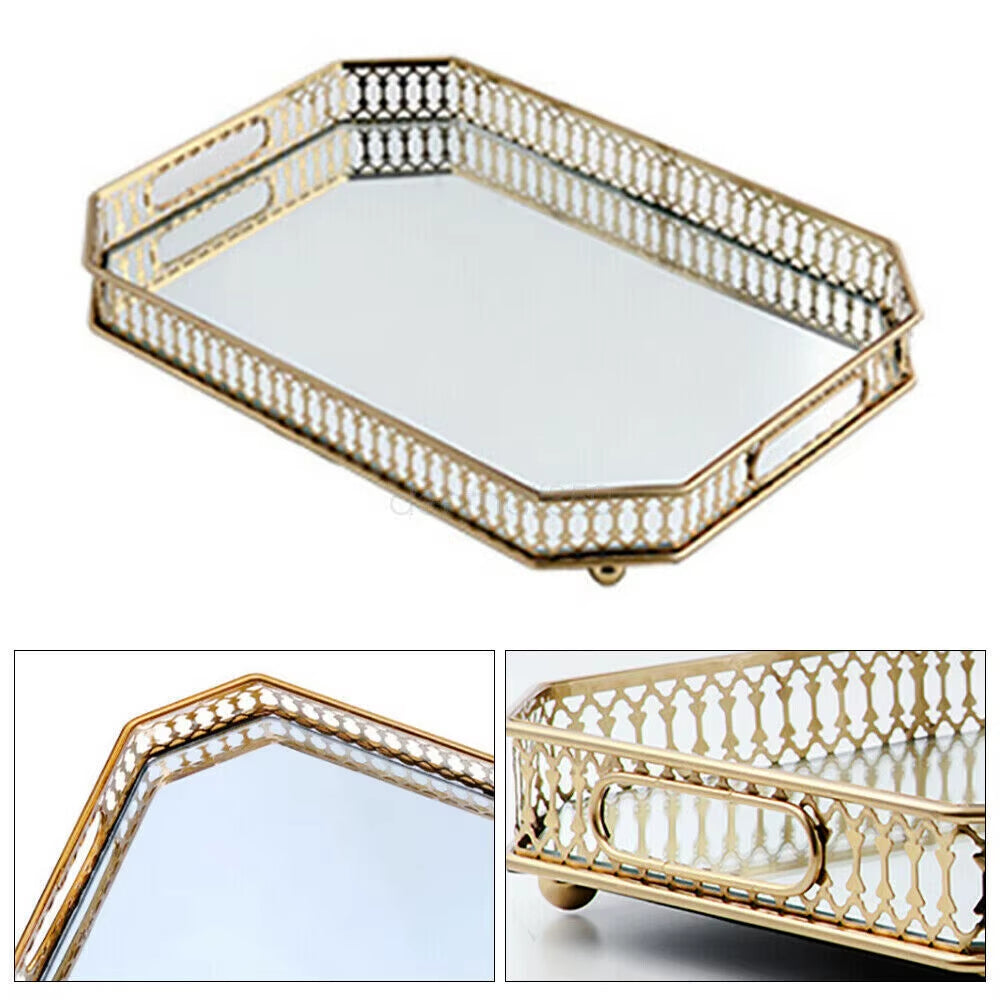 Gold Mirrored Vanity Tray, 13.8 x 9.8 In Metal Decorative Organizer – image 4