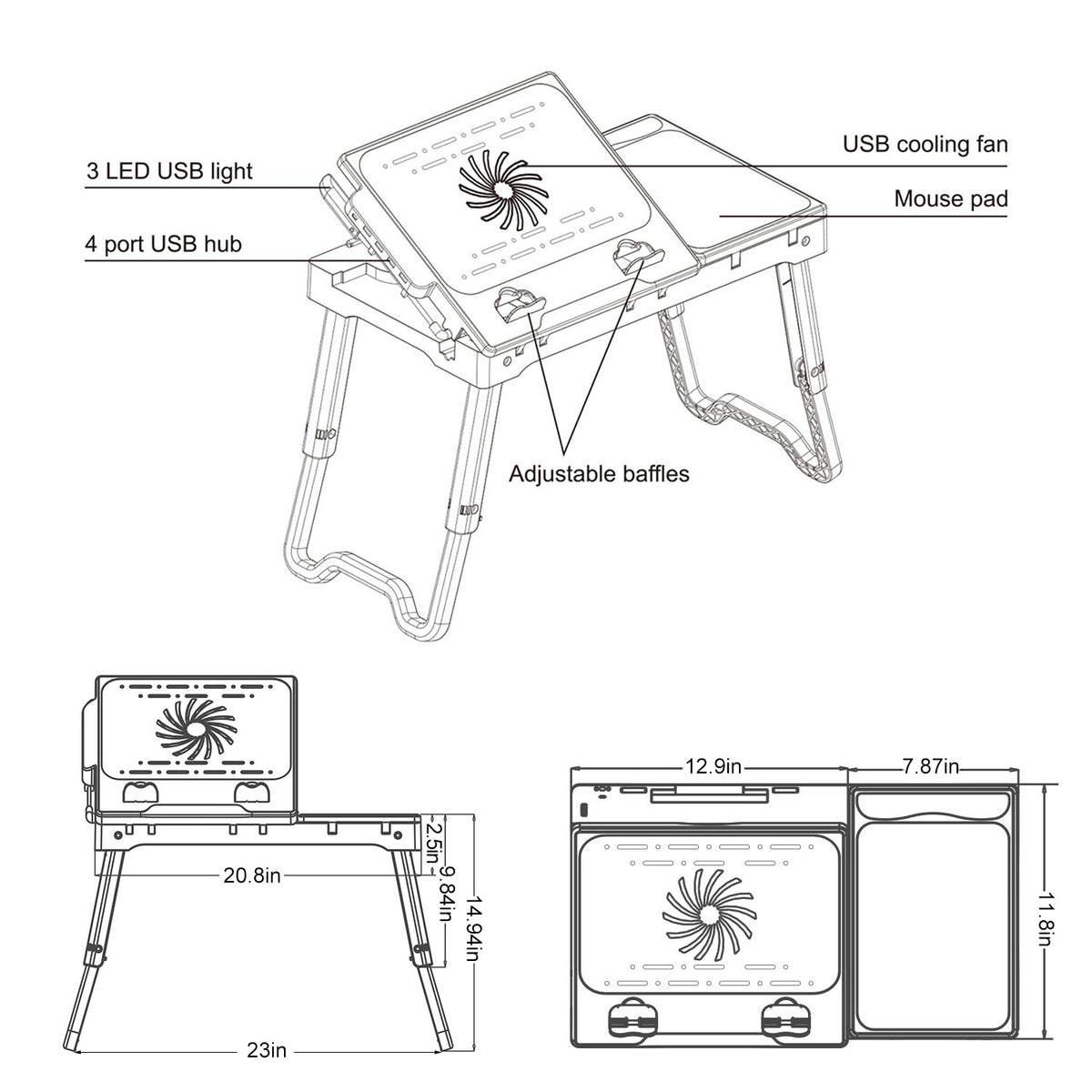 Foldable Laptop Bed Tray with Cooling Fan, LED Light and USB Ports – image 4