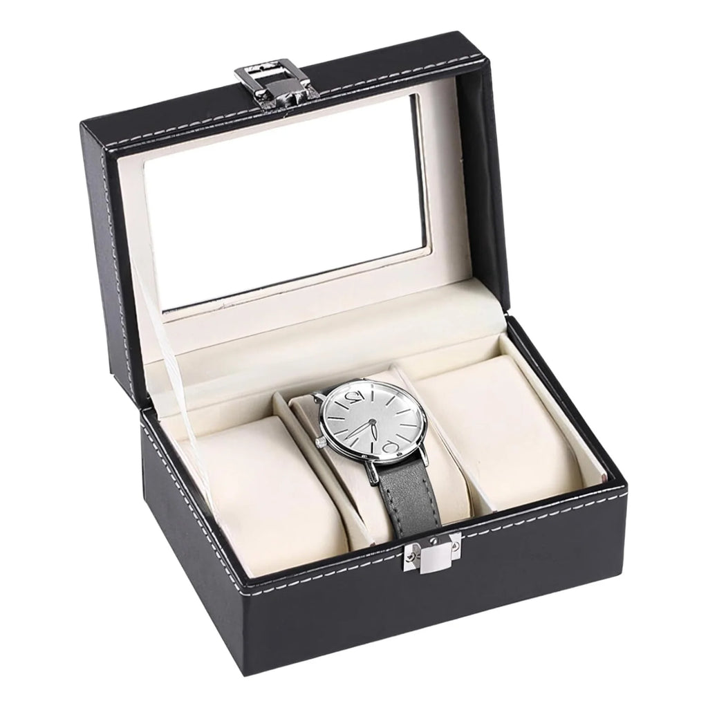 Watch Box Organizer, 3 Slots with Acrylic Window, Black PU Leather – image 5