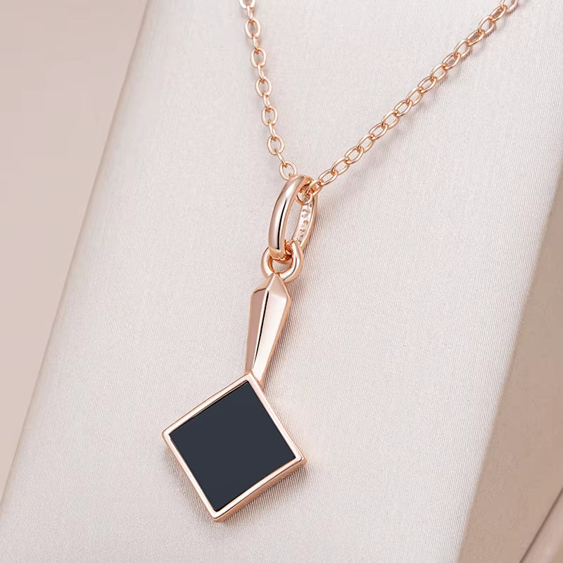 Black Stone Pendant Necklace - Rose Gold Tone